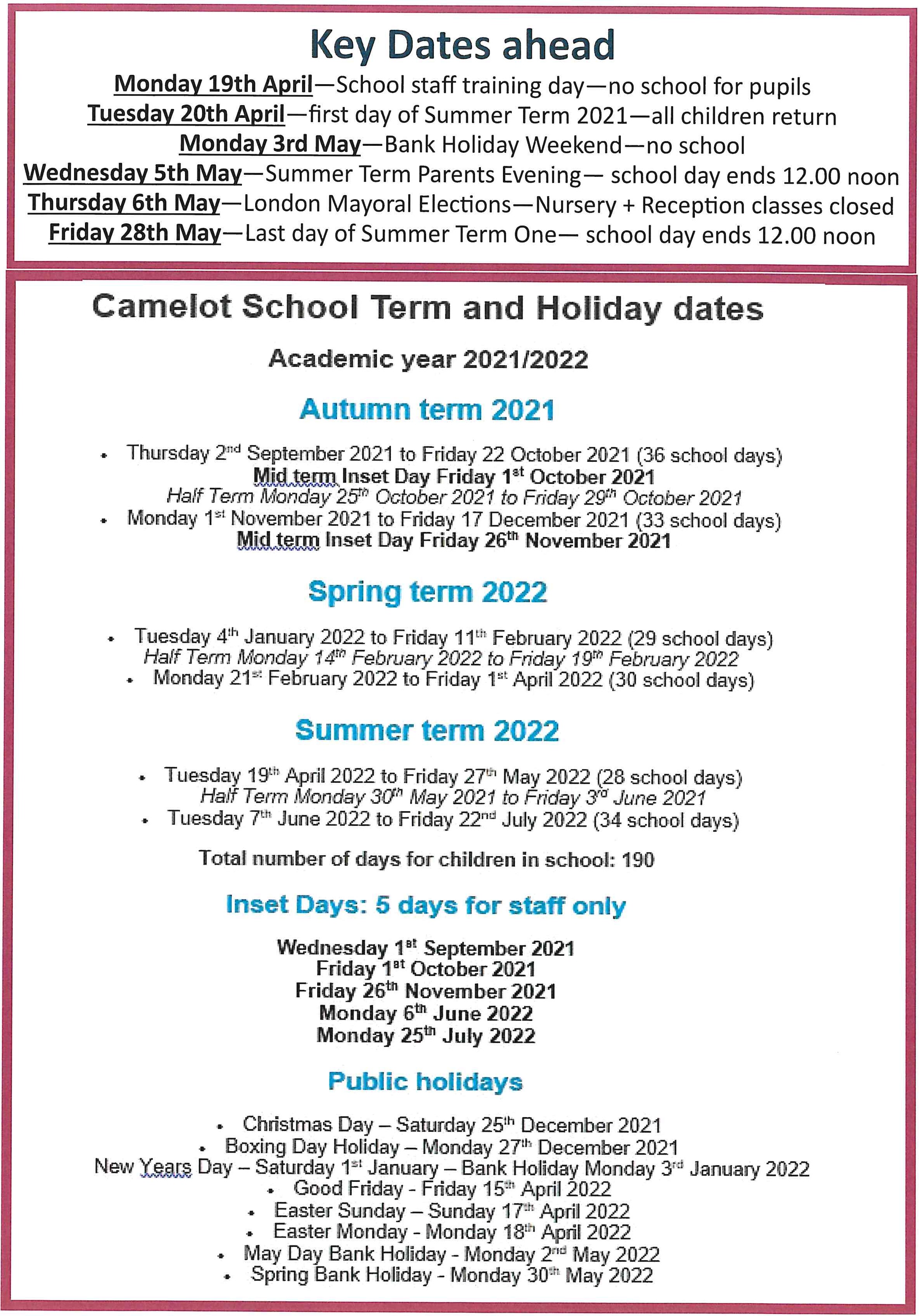 Days Of Christmas 2017 To June 2nd 2022 Camelot Primary School - Term Dates